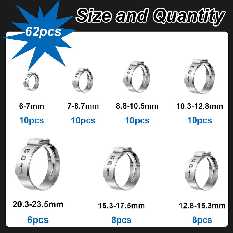 Seept 62Pcs 7 Sizes 304 Stainless Steel Single Ear Hose Clamps 6-23.5mm Crimp Hose Clamps Assortment Kit Perfect for Automotive/Home Appliance/Water Pipe and Fuel Line - Image 2
